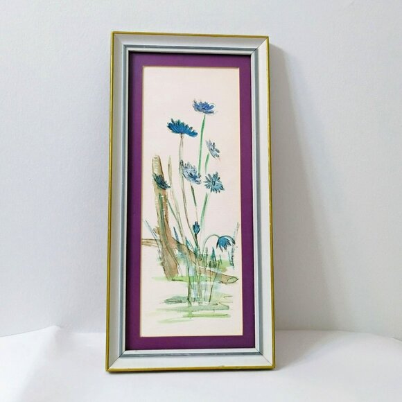 Vintage Framed Watercolor Of Blue Wildflowers With Purple Matting, Unsigned 14x7
